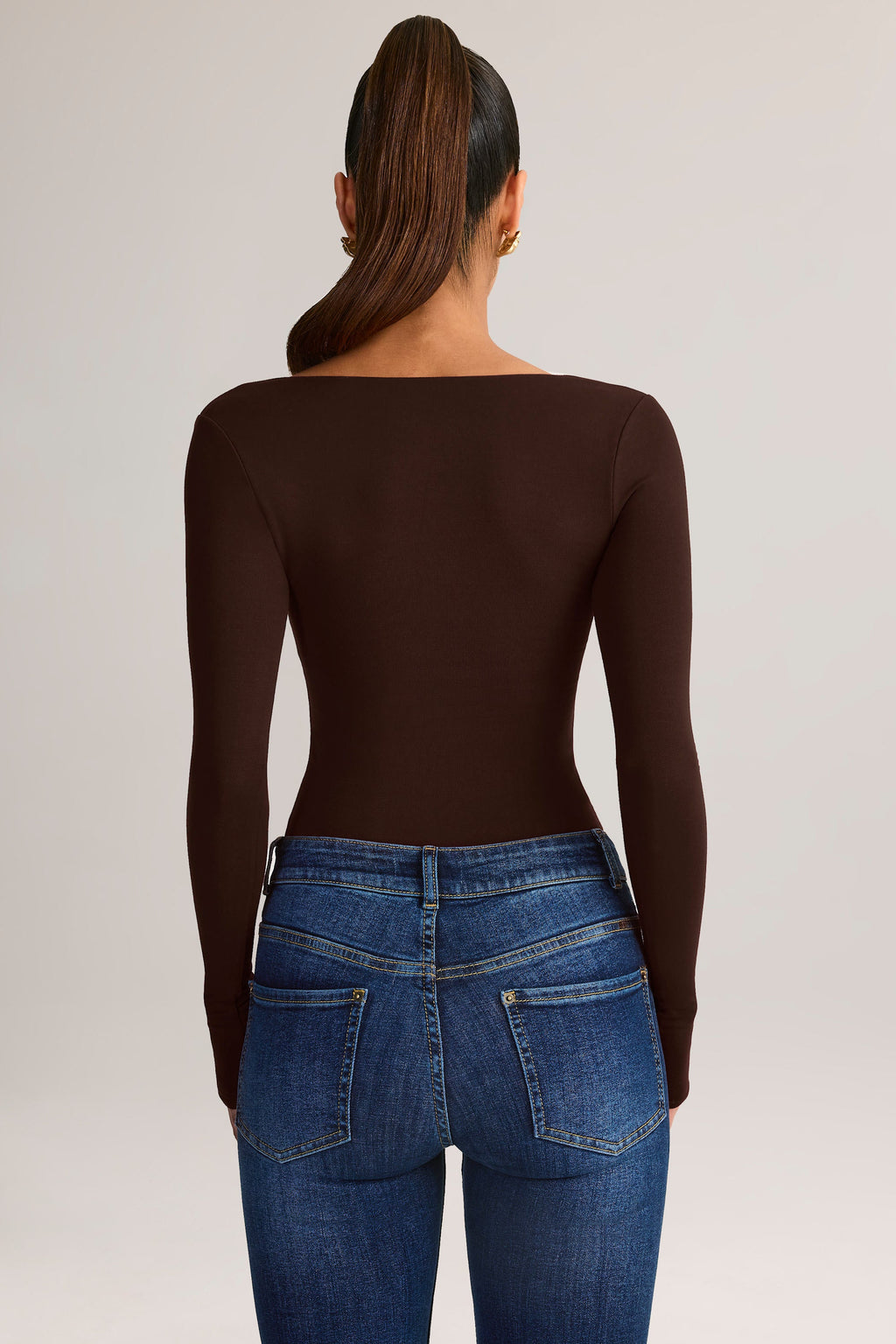 Chic Modal Square-Neck Long-Sleeve Top in Chocolate Brown
