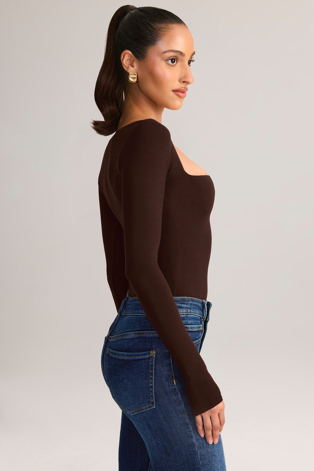 Chic Modal Square-Neck Long-Sleeve Top in Chocolate Brown