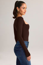 Chic Modal Square-Neck Long-Sleeve Top in Chocolate Brown