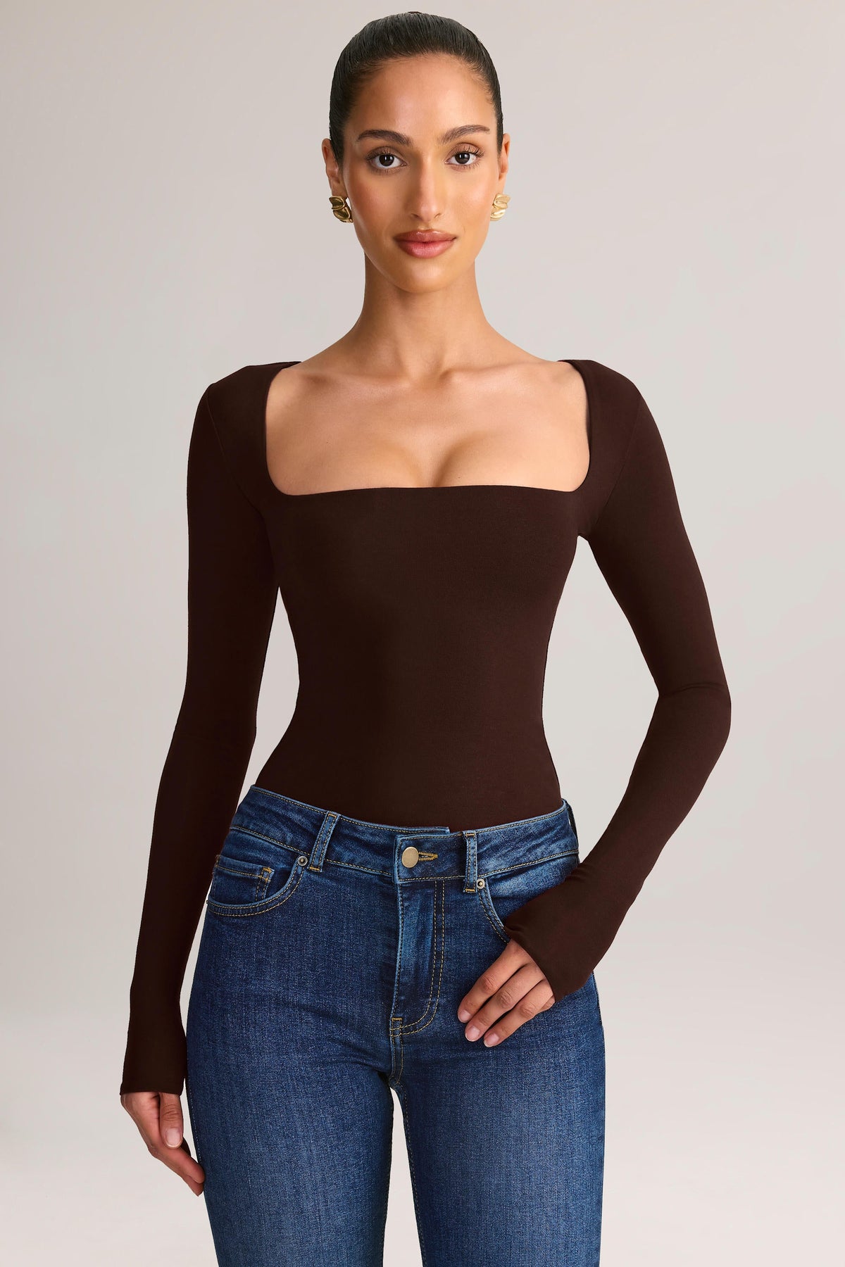 Chic Modal Square-Neck Long-Sleeve Top in Chocolate Brown