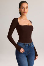 Chic Modal Square-Neck Long-Sleeve Top in Chocolate Brown