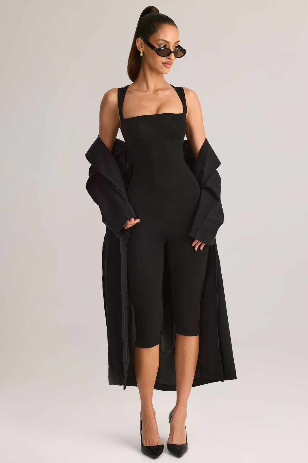 Chic Modal Square-Neck Bodycon Capri Jumpsuit in Black