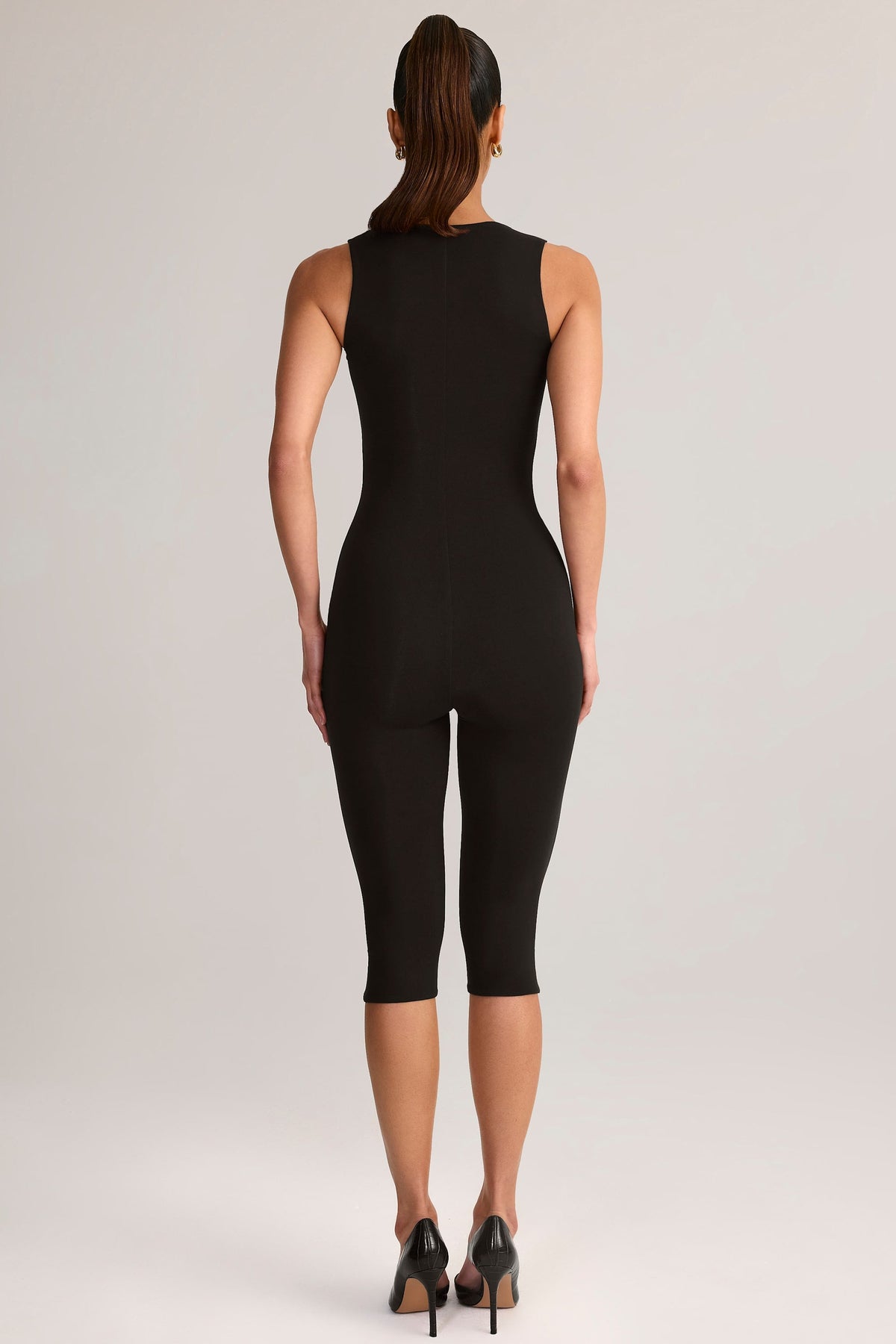 Chic Modal Square-Neck Bodycon Capri Jumpsuit in Black
