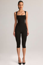 Chic Modal Square-Neck Bodycon Capri Jumpsuit in Black