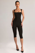 Chic Modal Square-Neck Bodycon Capri Jumpsuit in Black