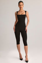 Chic Modal Square-Neck Bodycon Capri Jumpsuit in Black
