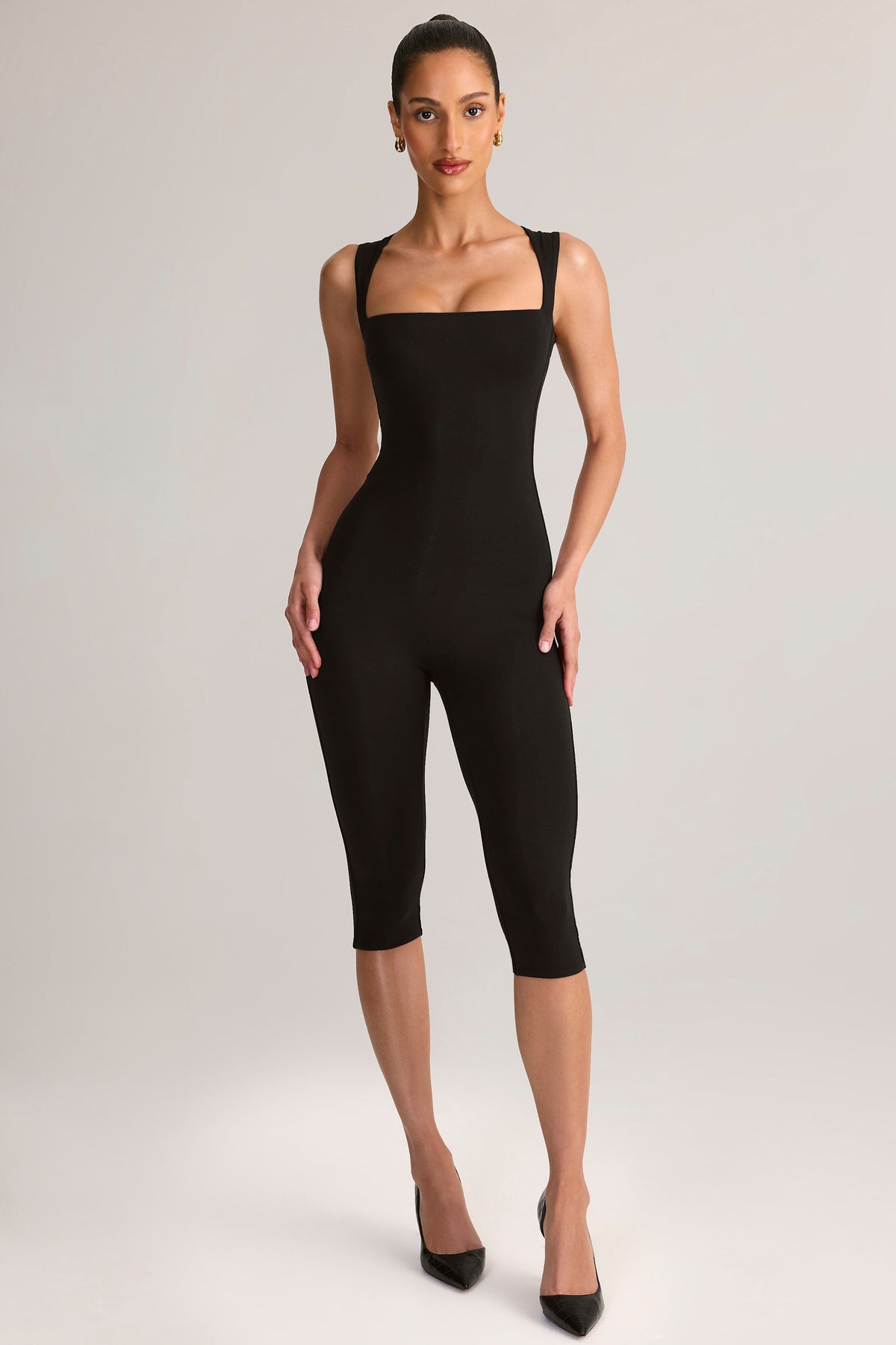 Chic Modal Square-Neck Bodycon Capri Jumpsuit in Black