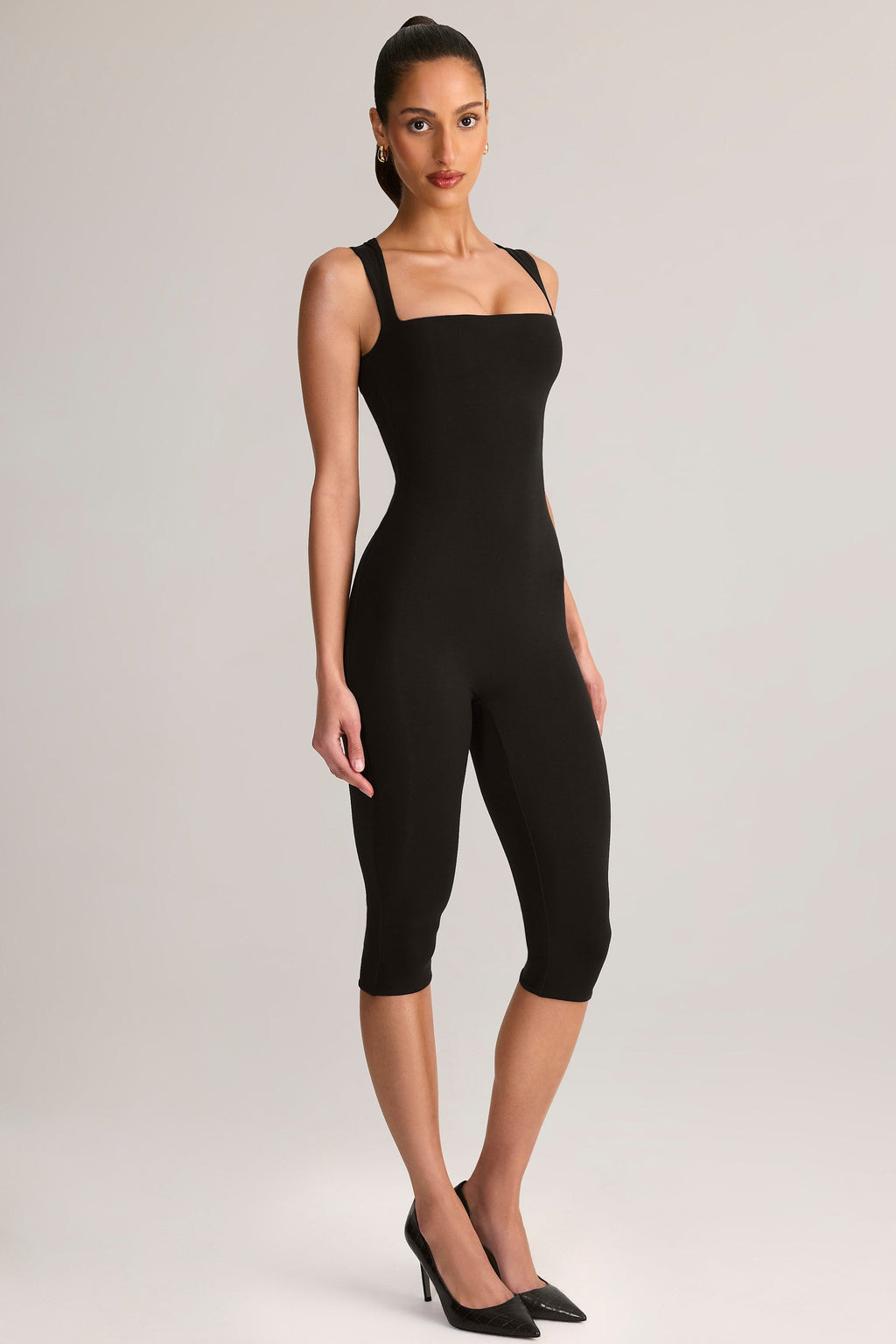 Chic Modal Square-Neck Bodycon Capri Jumpsuit in Black