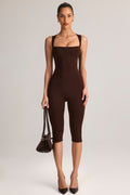 Chic Modal Square-Neck Bodycon Capri Jumpsuit in Chocolate Brown