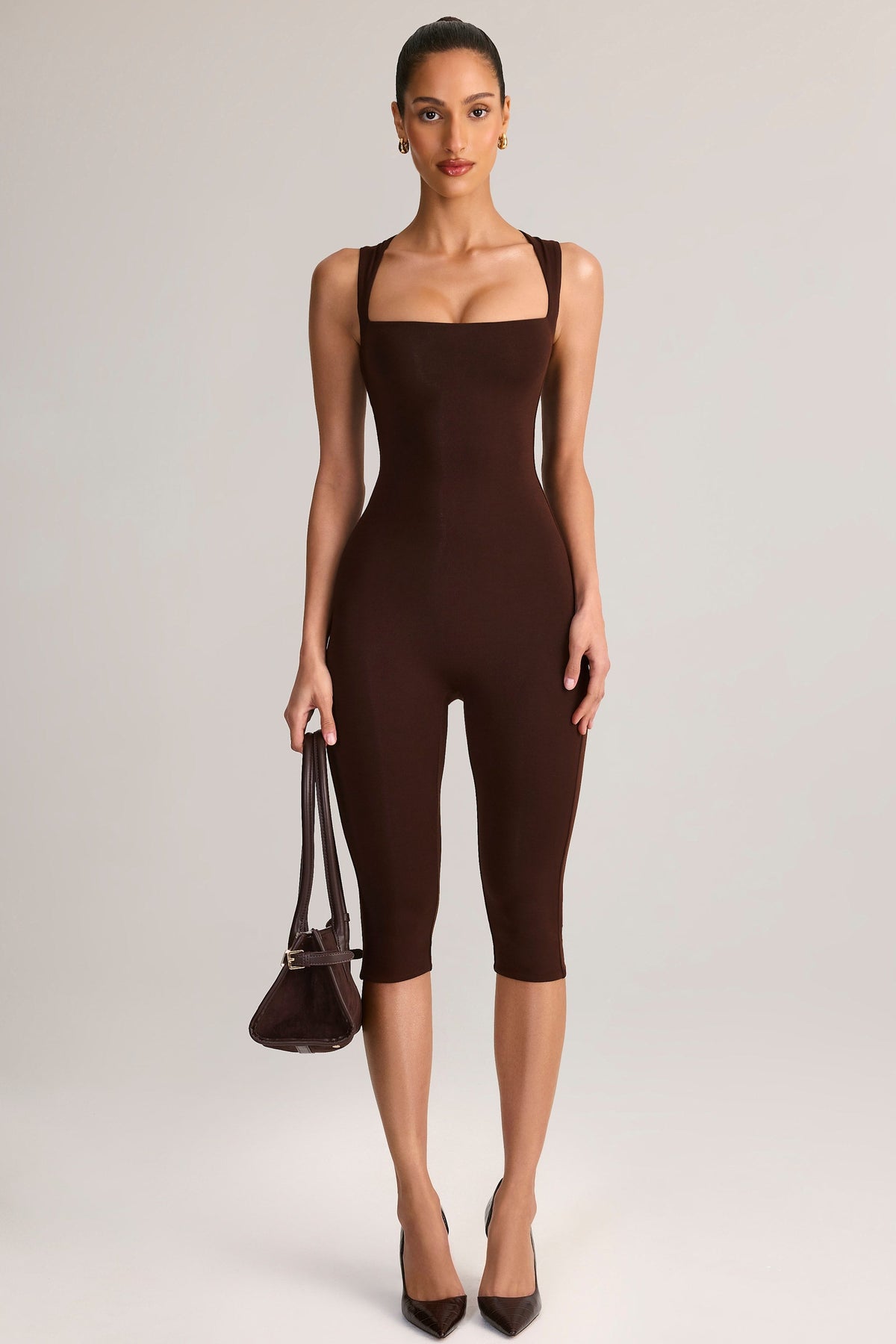 Chic Modal Square-Neck Bodycon Capri Jumpsuit in Chocolate Brown