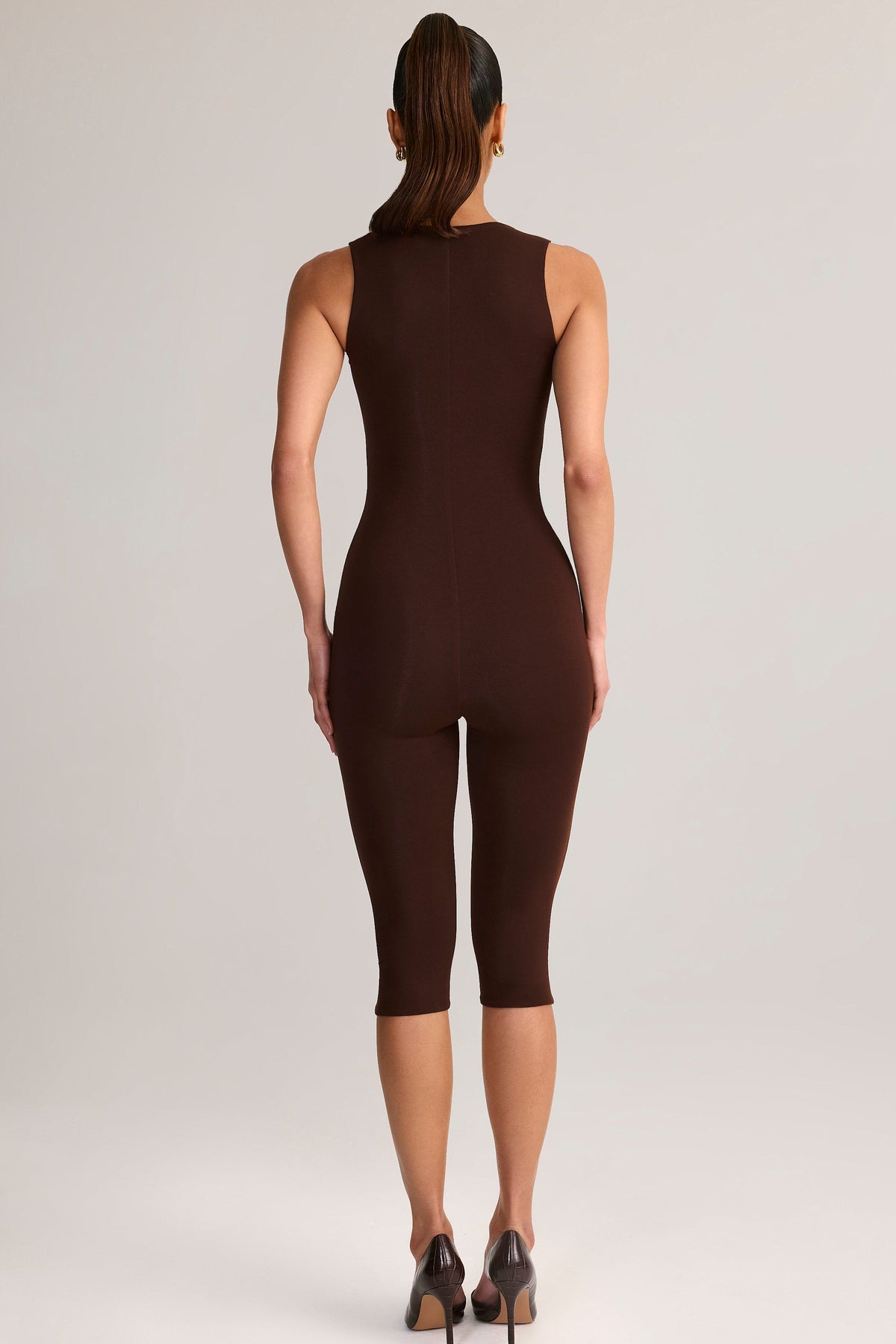 Chic Modal Square-Neck Bodycon Capri Jumpsuit in Chocolate Brown