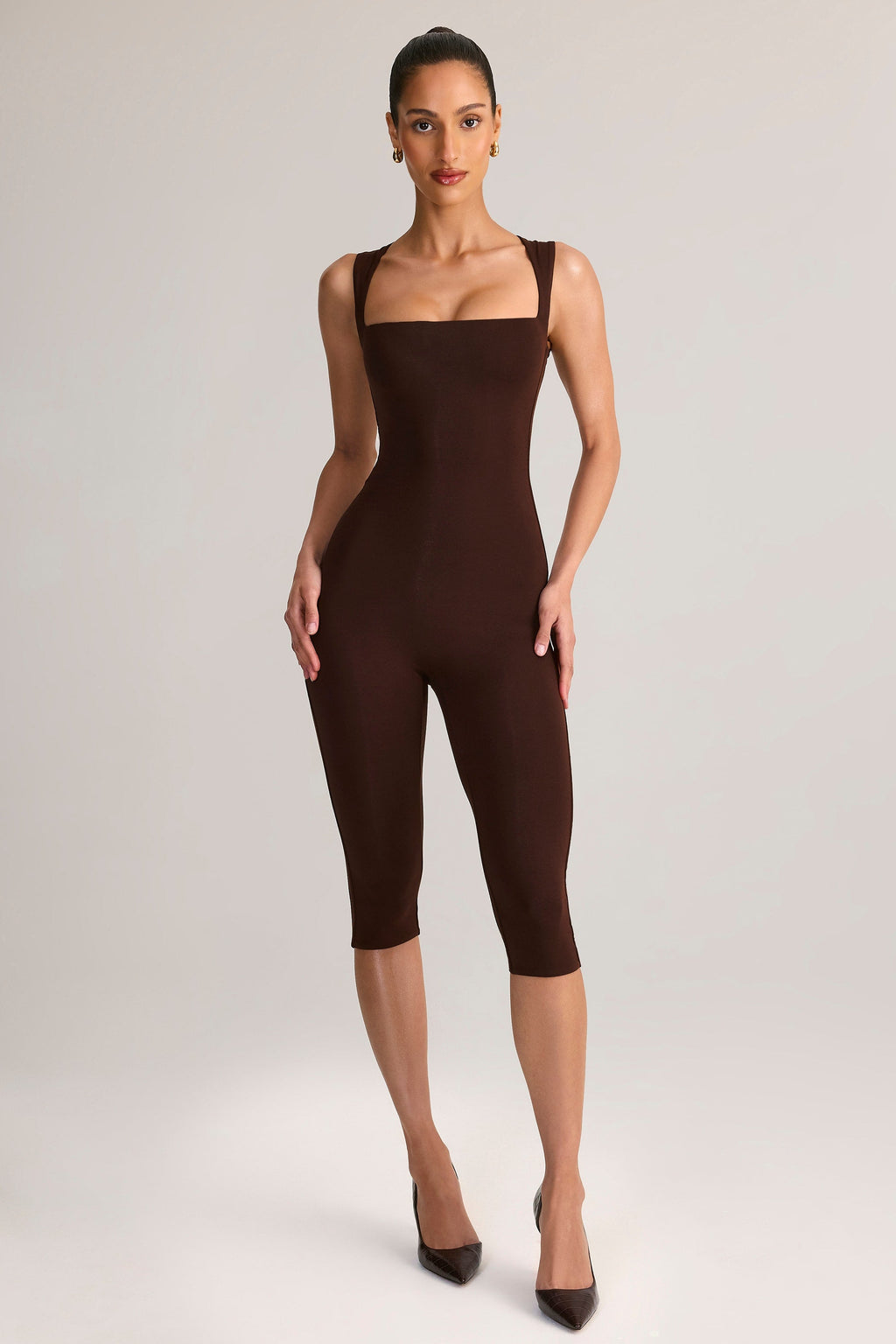 Chic Modal Square-Neck Bodycon Capri Jumpsuit in Chocolate Brown