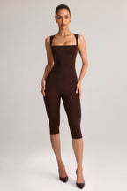 Chic Modal Square-Neck Bodycon Capri Jumpsuit in Chocolate Brown