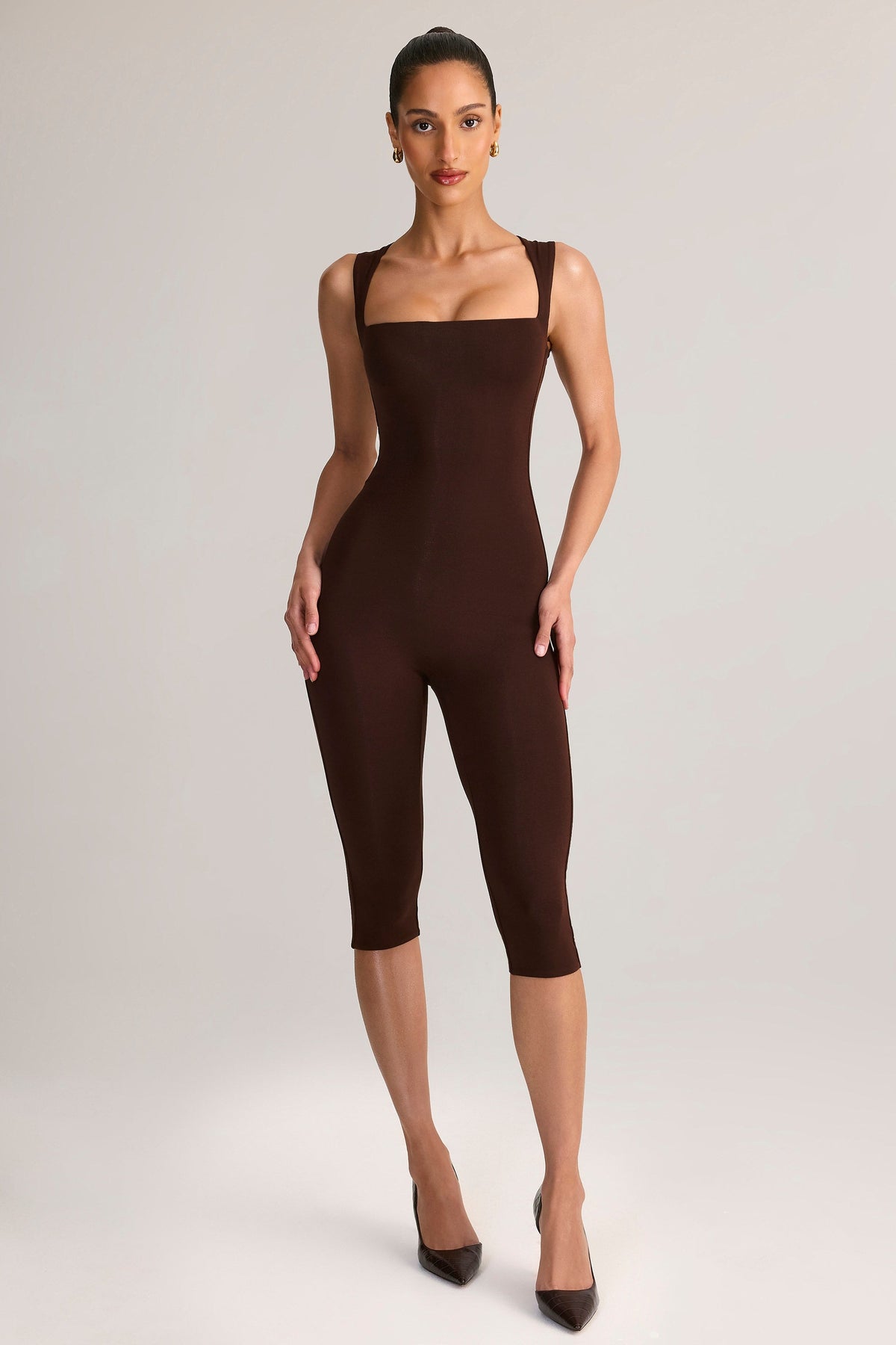 Chic Modal Square-Neck Bodycon Capri Jumpsuit in Chocolate Brown