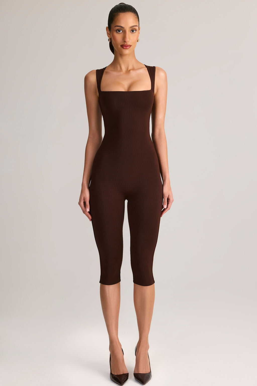 Chic Modal Square-Neck Bodycon Capri Jumpsuit in Chocolate Brown
