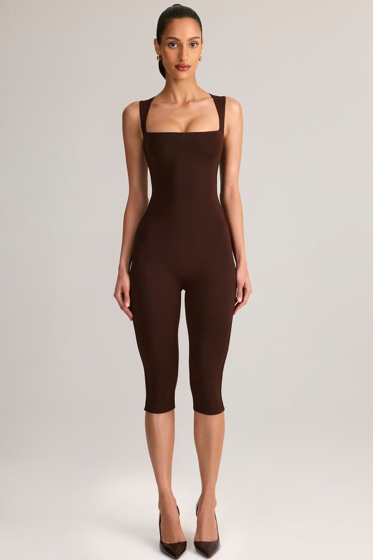 Chic Modal Square-Neck Bodycon Capri Jumpsuit in Chocolate Brown