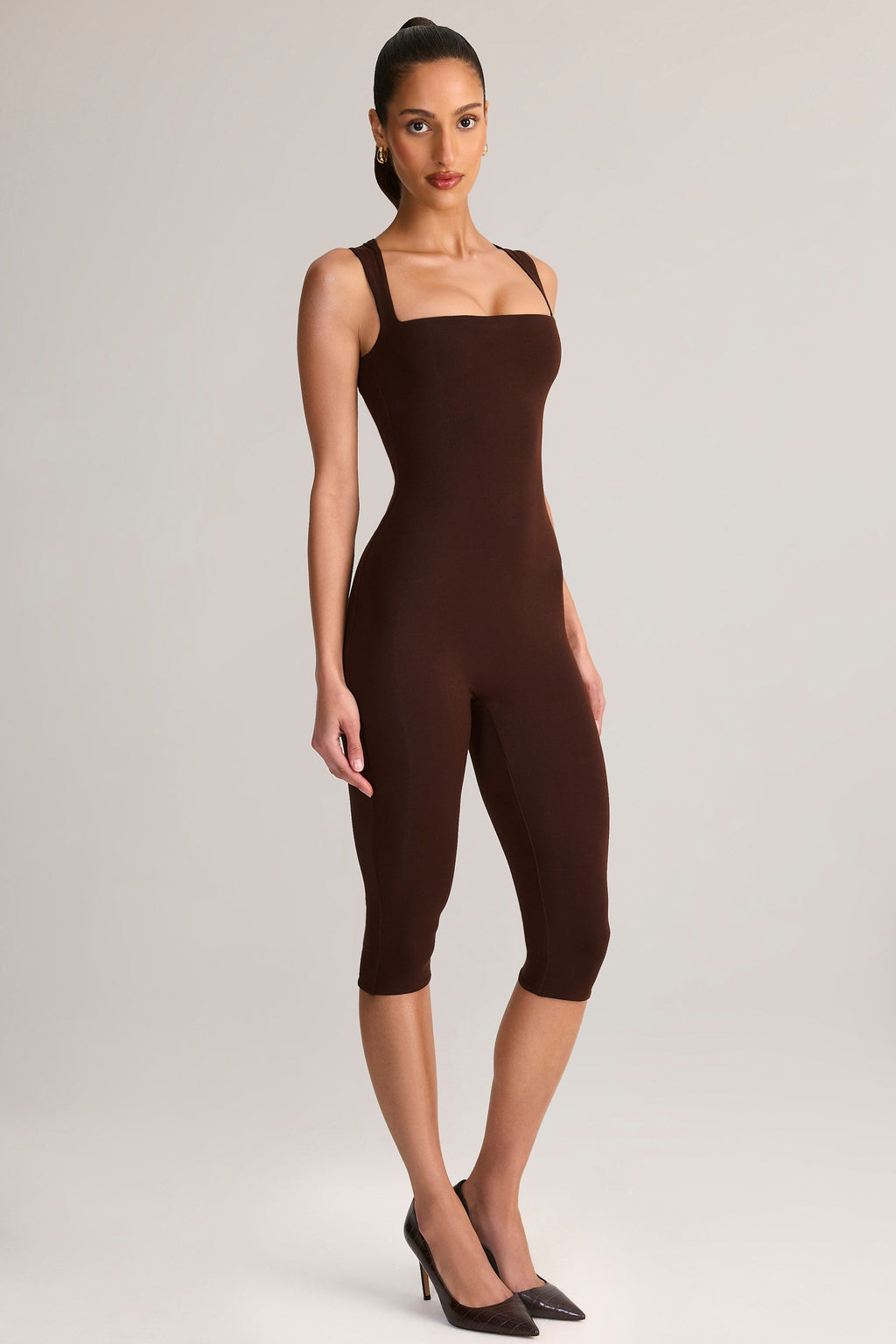 Chic Modal Square-Neck Bodycon Capri Jumpsuit in Chocolate Brown