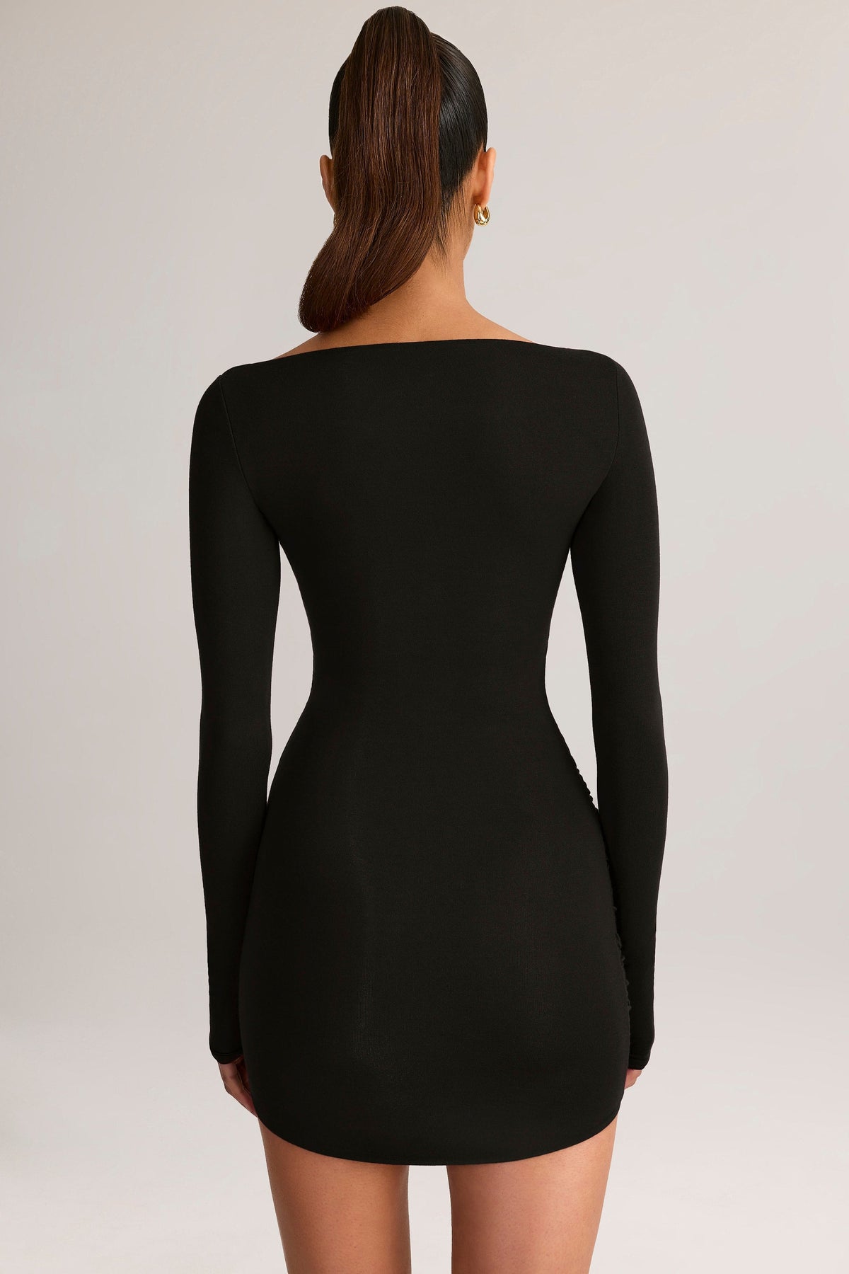 Chic Modal Boat-Neck Draped Long-Sleeve Mini Dress in Black