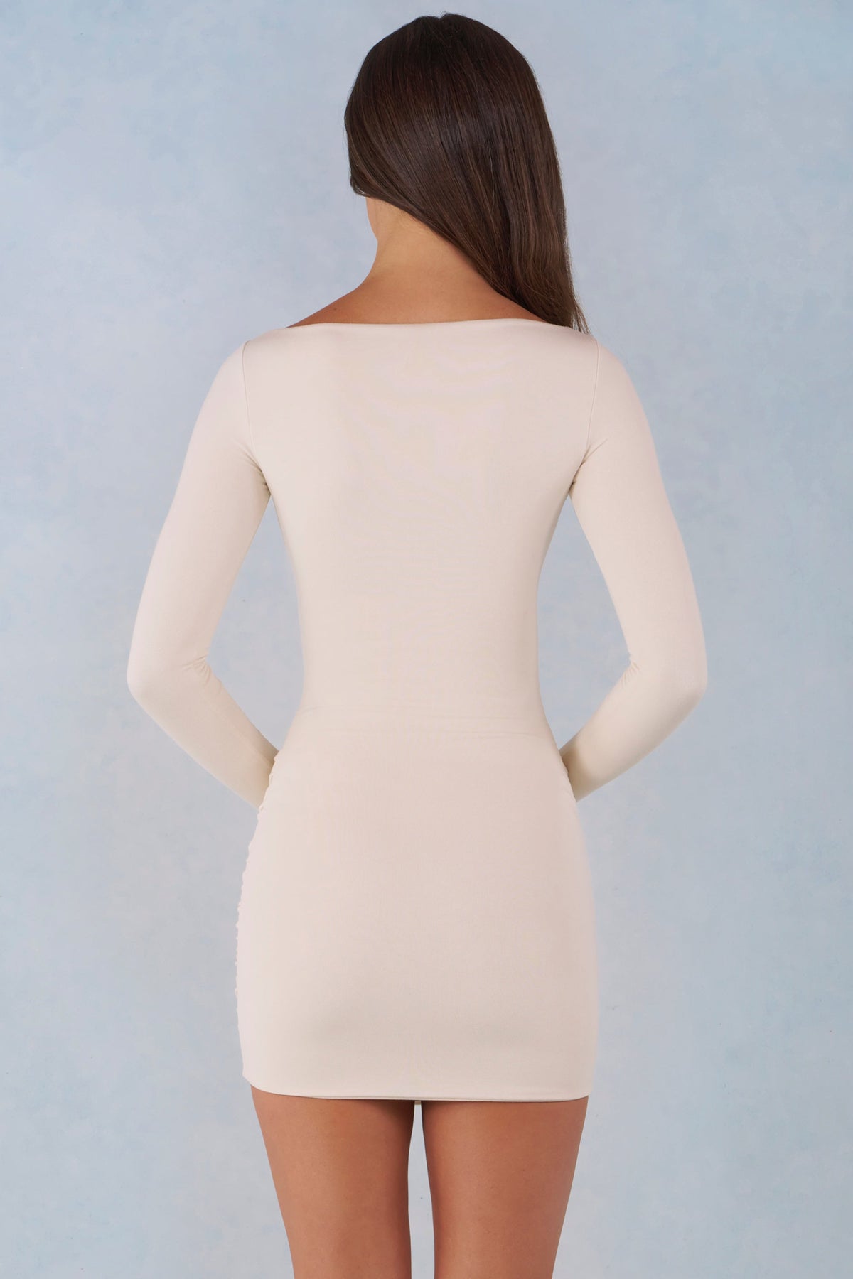 Chic Modal Boat-Neck Draped Long-Sleeve Mini Dress in Ivory