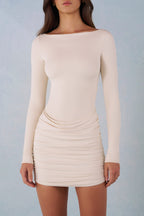 Chic Modal Boat-Neck Draped Long-Sleeve Mini Dress in Ivory