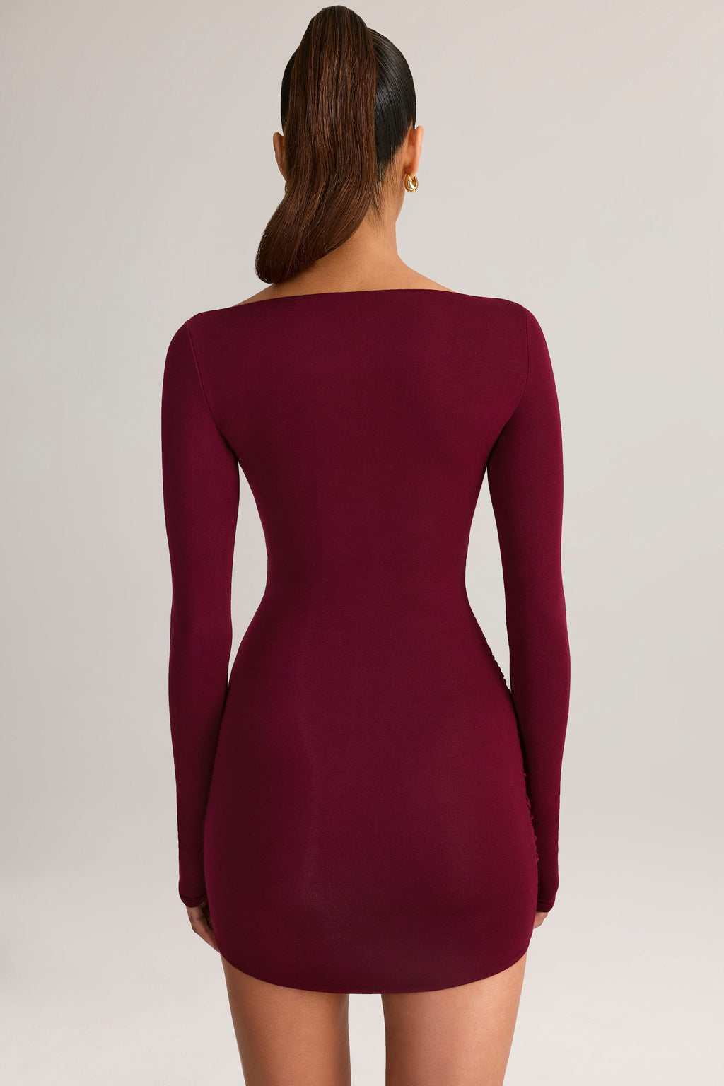 Chic Modal Boat-Neck Draped Long-Sleeve Mini Dress in Wine
