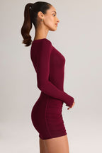 Chic Modal Boat-Neck Draped Long-Sleeve Mini Dress in Wine