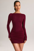 Chic Modal Boat-Neck Draped Long-Sleeve Mini Dress in Wine