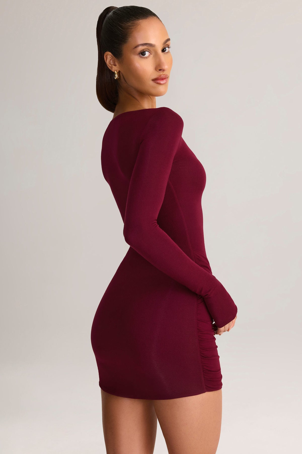 Chic Modal Boat-Neck Draped Long-Sleeve Mini Dress in Wine