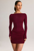 Chic Modal Boat-Neck Draped Long-Sleeve Mini Dress in Wine