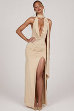 Chic Soft-Jersey Plunge Halterneck Maxi Dress in Champagne