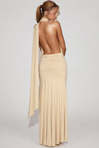 Chic Soft-Jersey Plunge Halterneck Maxi Dress in Champagne