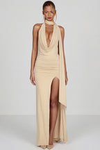 Chic Soft-Jersey Plunge Halterneck Maxi Dress in Champagne