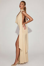 Chic Soft-Jersey Plunge Halterneck Maxi Dress in Champagne
