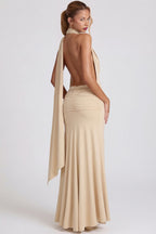 Chic Soft-Jersey Plunge Halterneck Maxi Dress in Champagne