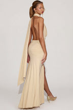 Chic Soft-Jersey Plunge Halterneck Maxi Dress in Champagne