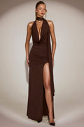 Chic Soft-Jersey Plunge Halterneck Maxi Dress in Chocolate Brown