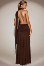 Chic Soft-Jersey Plunge Halterneck Maxi Dress in Chocolate Brown