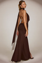Chic Soft-Jersey Plunge Halterneck Maxi Dress in Chocolate Brown