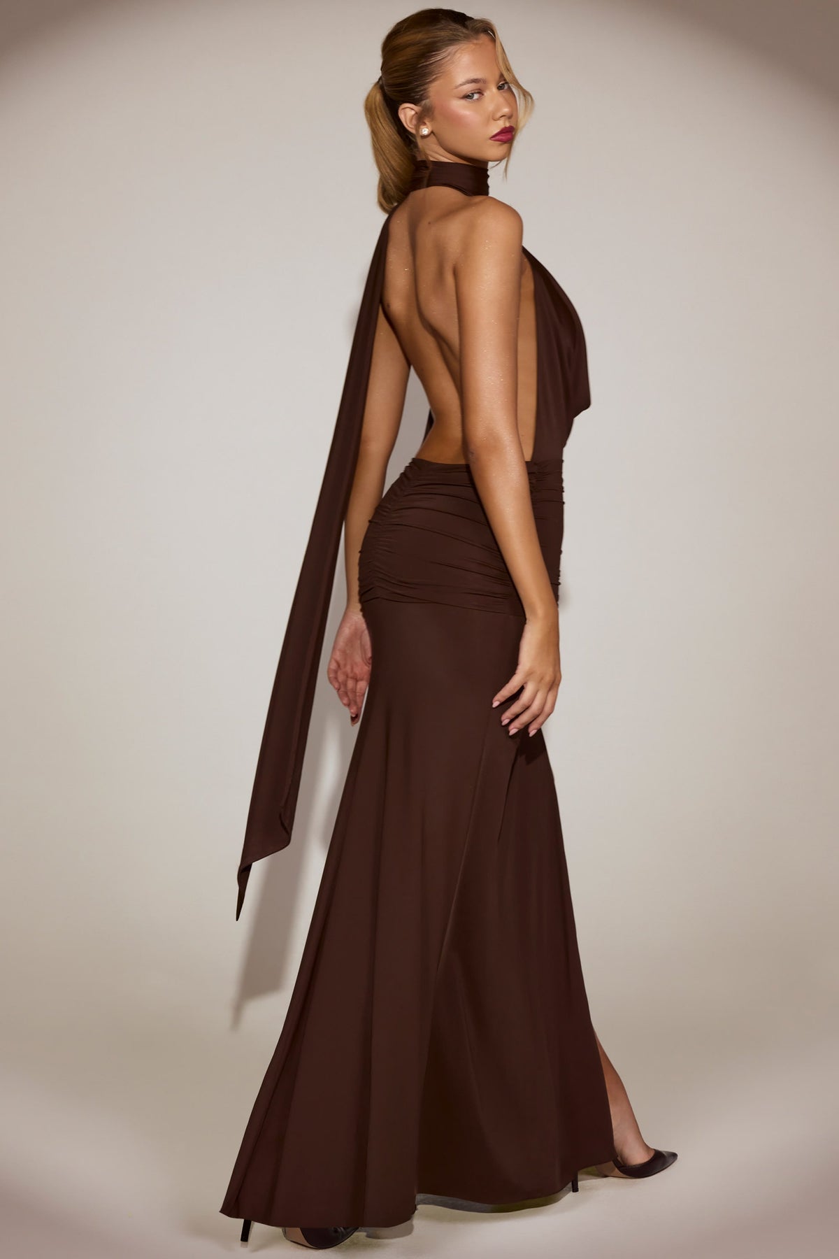 Chic Soft-Jersey Plunge Halterneck Maxi Dress in Chocolate Brown