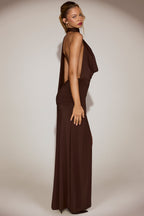 Chic Soft-Jersey Plunge Halterneck Maxi Dress in Chocolate Brown