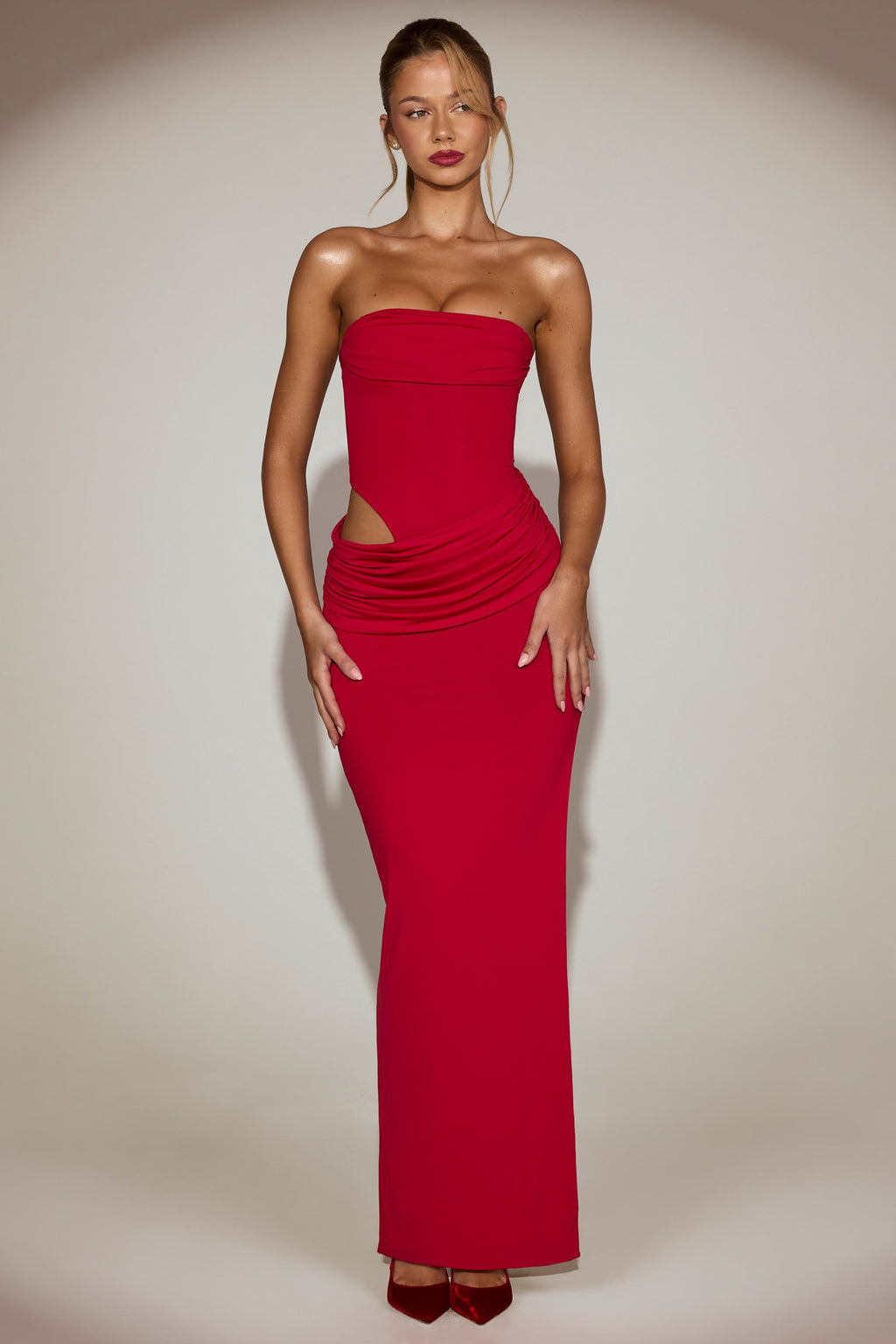 Chic Soft-Jersey Bandeau Cut-Out Maxi Dress in True Red