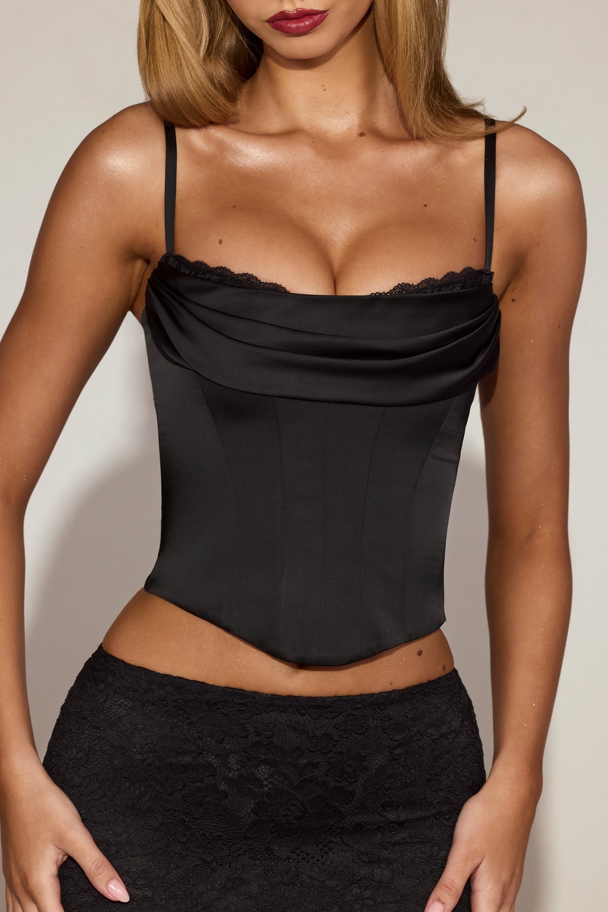 Chic Satin Cowl-Neck Lace-Up Corset Top in Black