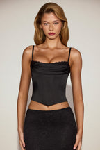 Chic Satin Cowl-Neck Lace-Up Corset Top in Black
