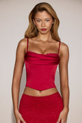 Chic Satin Cowl-Neck Lace-Up Corset Top in True Red