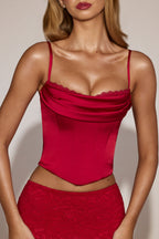 Chic Satin Cowl-Neck Lace-Up Corset Top in True Red