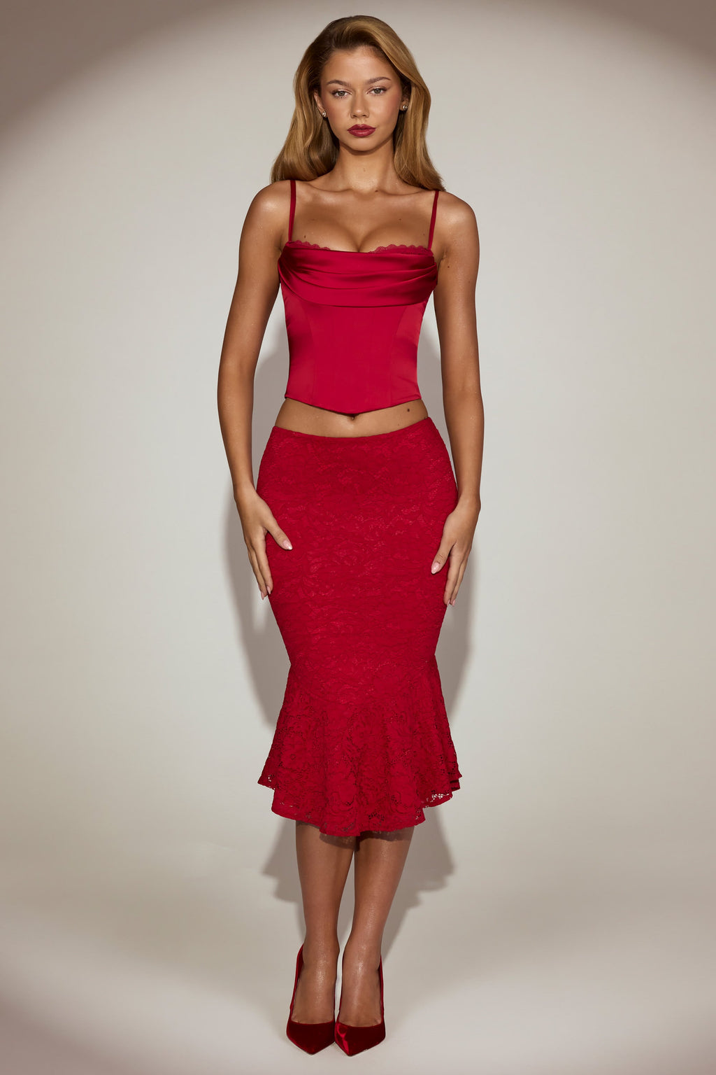 Chic Satin Cowl-Neck Lace-Up Corset Top in True Red
