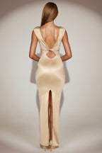 Chic Satin Boat-Neck Twist-Back Maxi Dress in Champagne