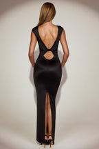 Chic Satin Boat-Neck Twist-Back Maxi Dress in Black