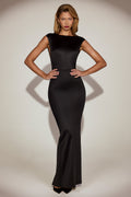 Chic Satin Boat-Neck Twist-Back Maxi Dress in Black