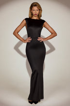 Chic Satin Boat-Neck Twist-Back Maxi Dress in Black